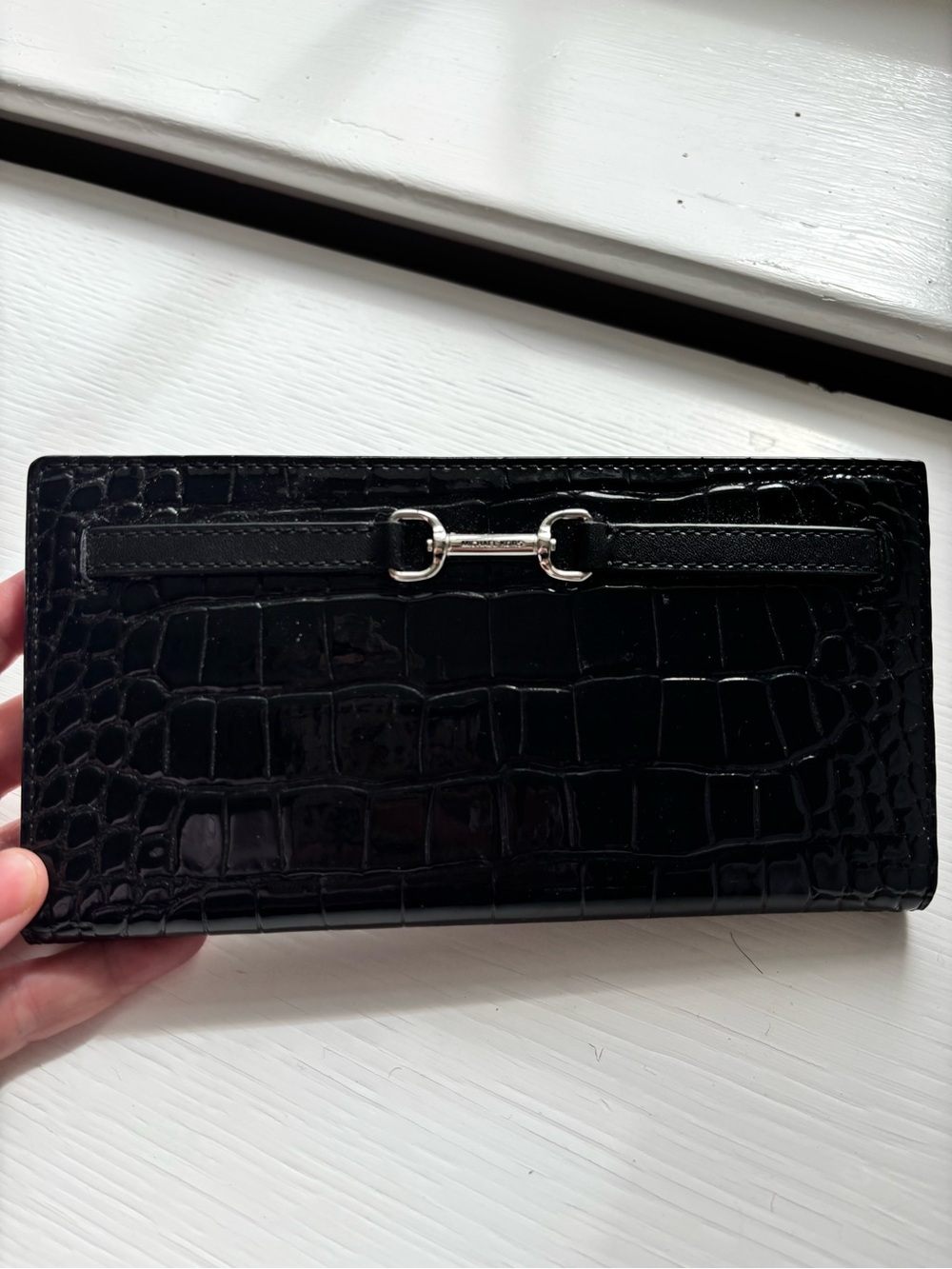 Michael Kors Black Croc-Embossed Continental Wallet with Silver Horsebit